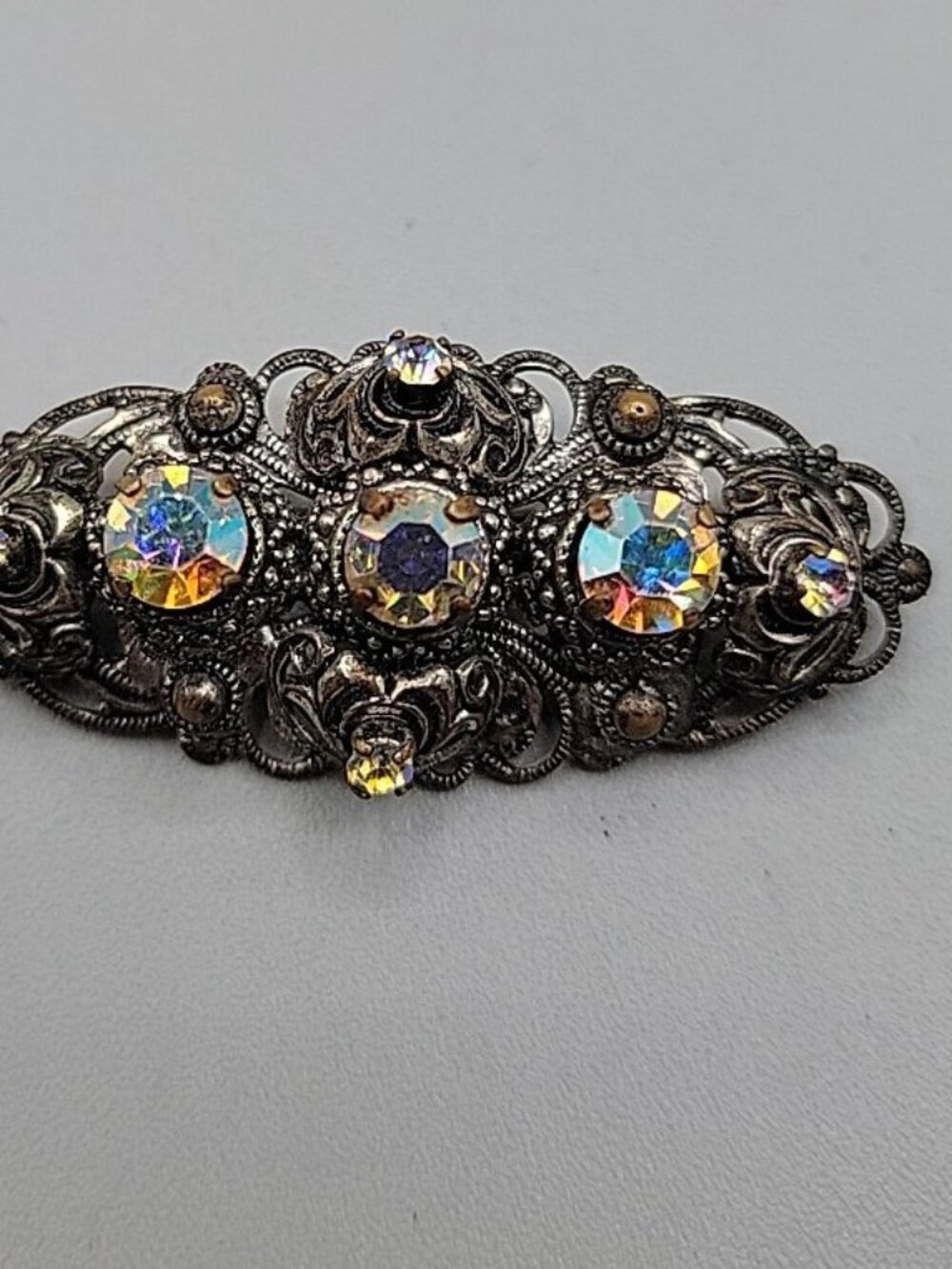 West Germany Silver Tone Filigree AB Brooch Pin Aurora Borealis Rhinestones